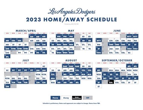 Contact information for osiekmaly.pl - Dodgers 2023 schedule highlights. The Dodgers will face the San Francisco Giants for the first time during the 2023 season at Oracle Park from April 10-12. Their first series with the San Diego ...